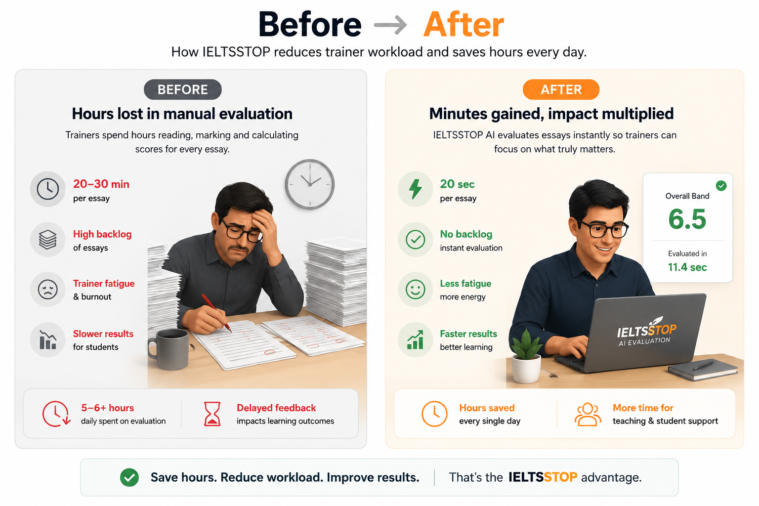 Before and after trainer workload: manual evaluation takes 20-30 minutes per essay with backlog, fatigue and delayed feedback; with IELTSSTOP, essays are evaluated in 20 seconds with no backlog, less fatigue and faster results