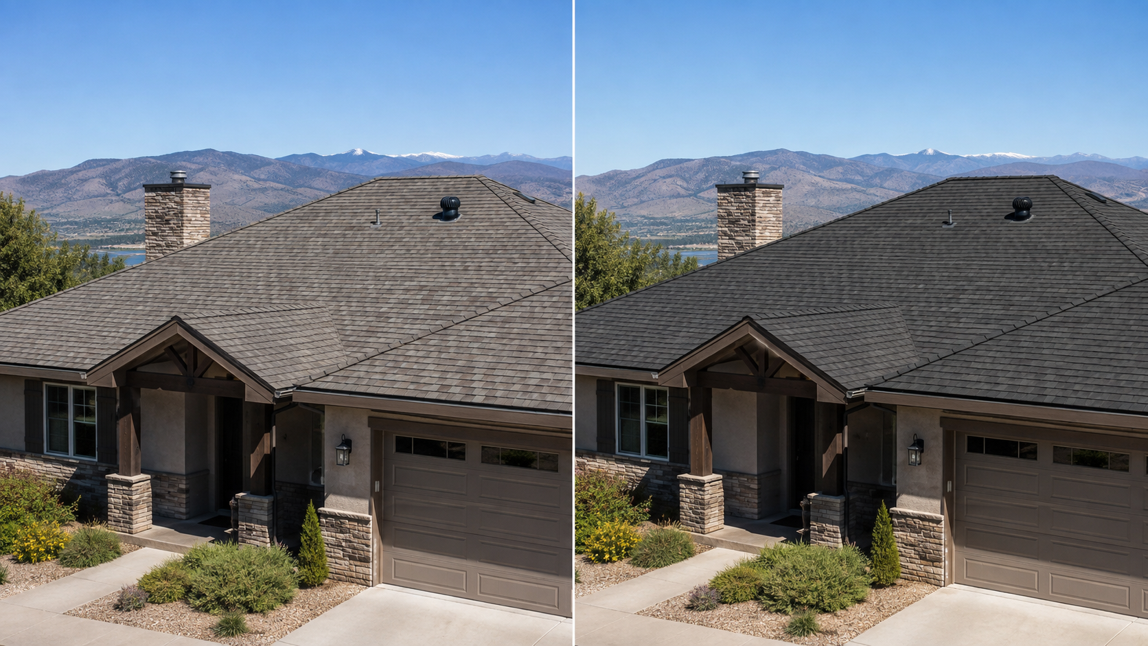 Illustrative side-by-side comparison of the same asphalt-shingle roof before and after rejuvenation