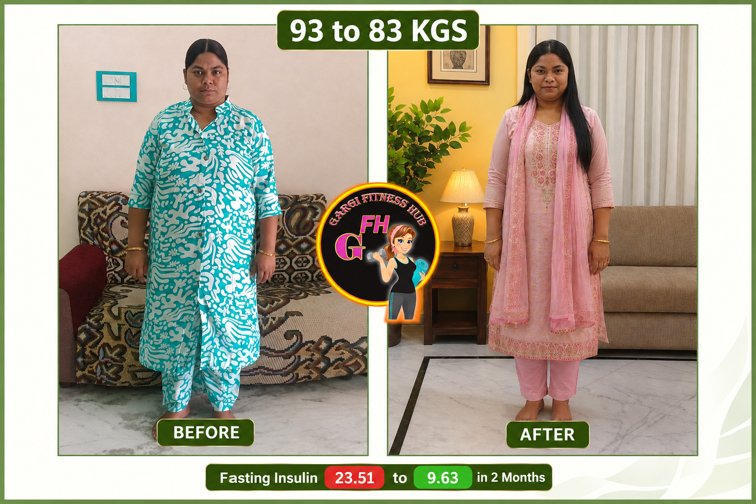 Client transformation: 93 kg to 83 kg