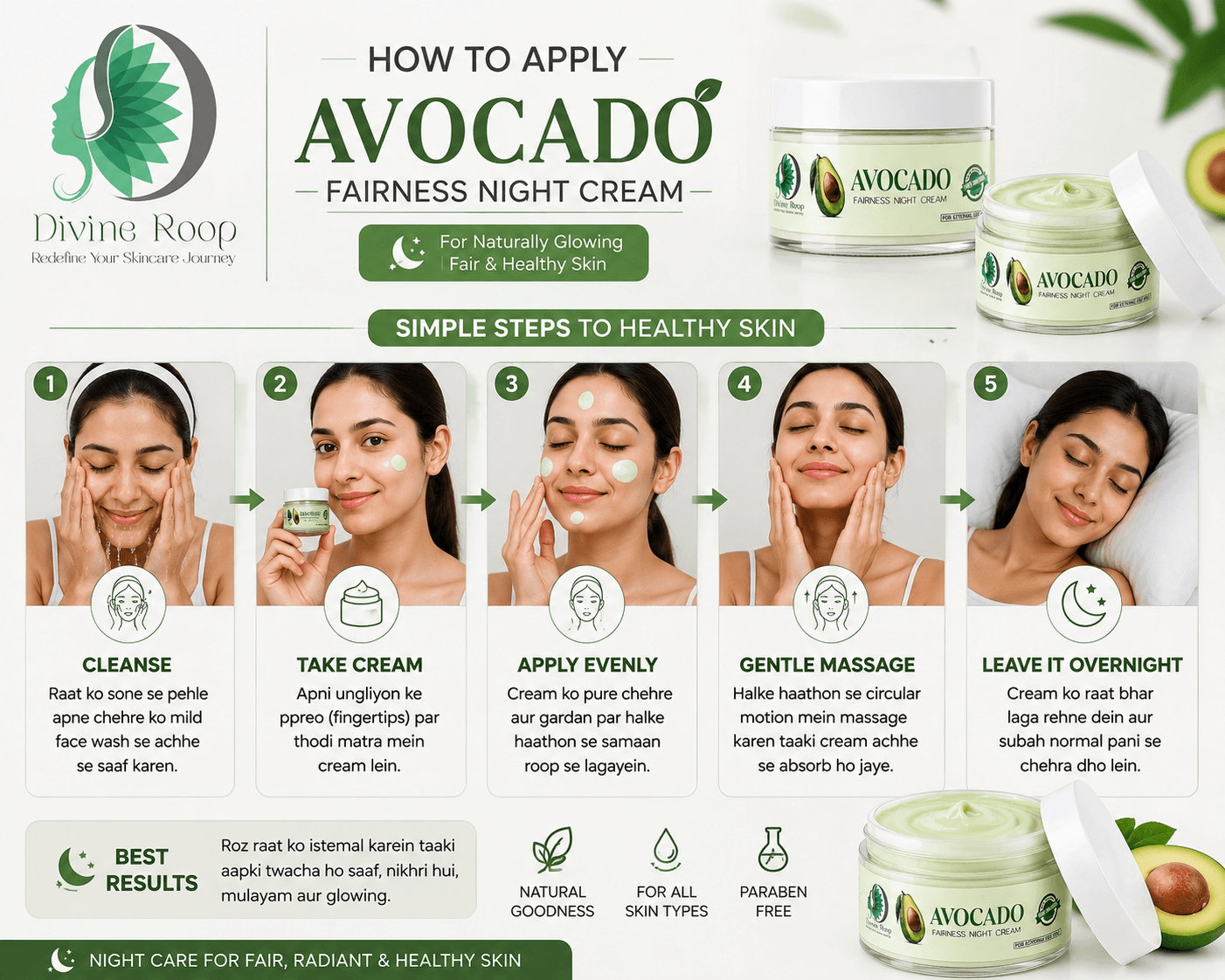 How to apply Divineroop Avocado Fairness Night Cream
