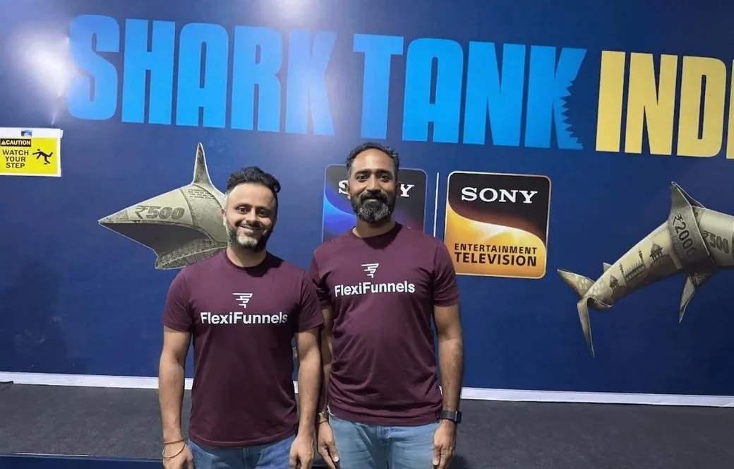 Saurabh Bhatnagar and Karthik Ramani in FlexiFunnels shirts at Shark Tank India