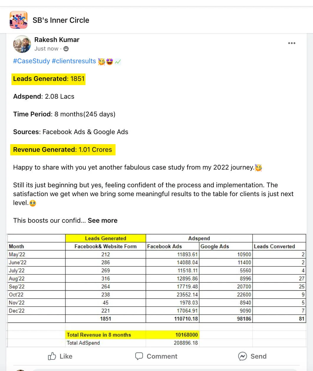 Student result: ₹1.01 crore in 8 months