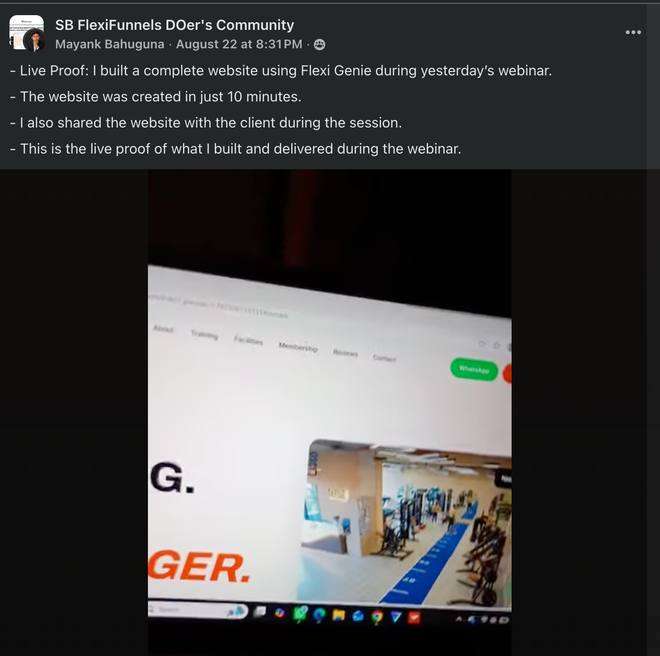 Community member built a complete website with Flexi Genie in 10 minutes during the webinar